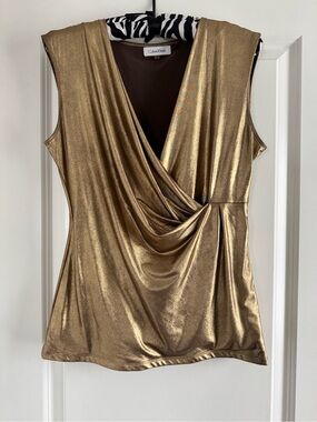 Calvin Klein Metallic Liquid Gold Draped V-Neck Sleeveless top